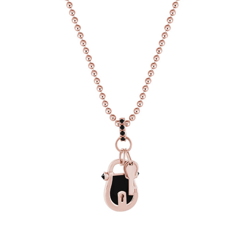 Black Enamel Lock and Key Pendant in Solid Rose Gold