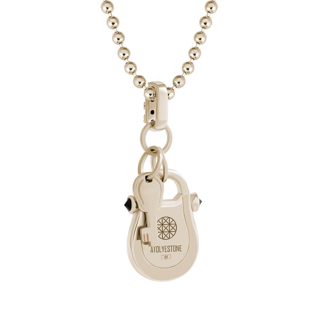 Men's Black Enamel Lock and Key Pendant in Solid Yellow Gold