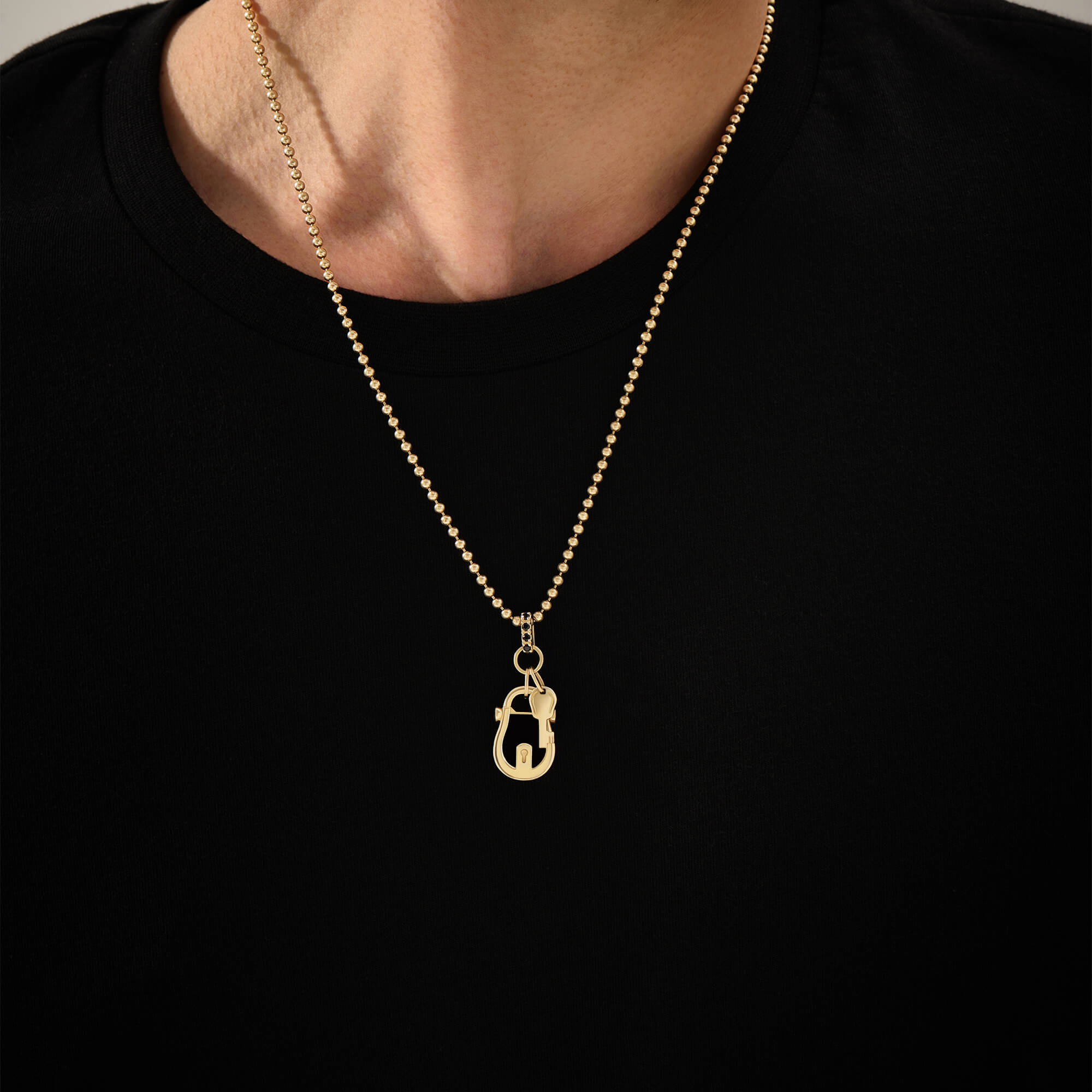 Men's Yellow Solid Gold Black Enamel Lock and Key Pendant