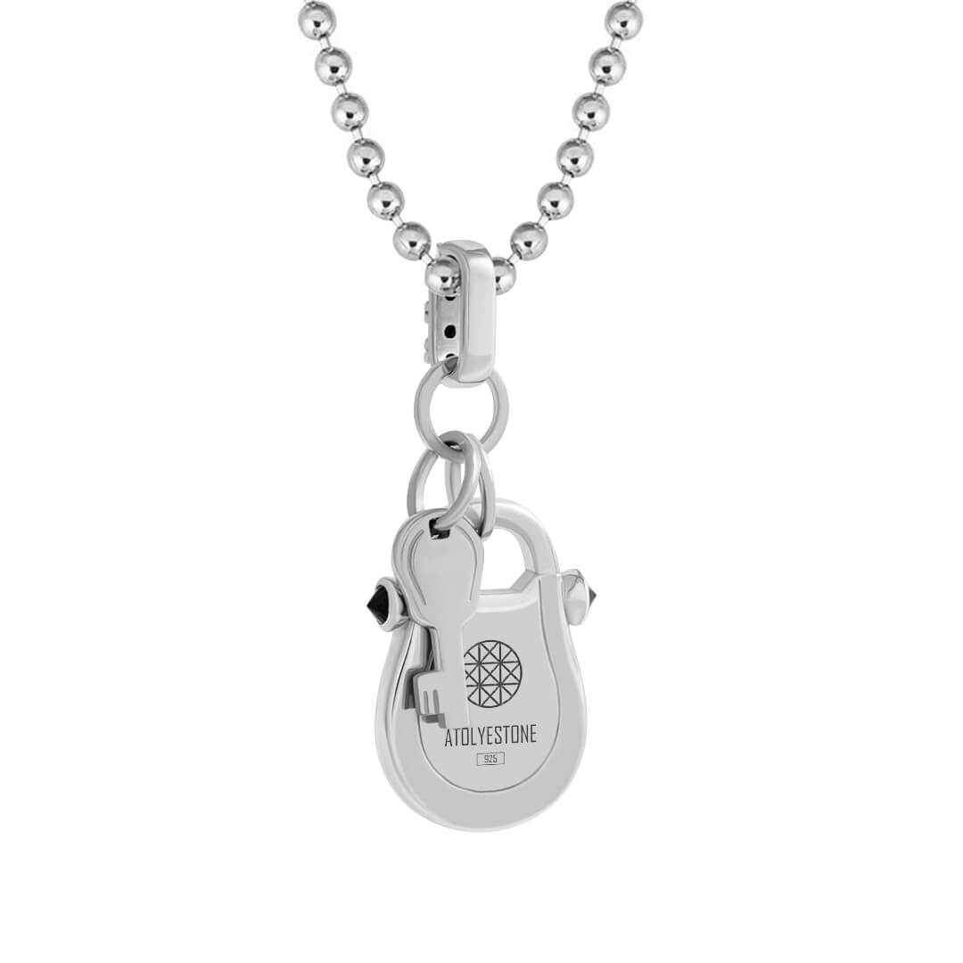 Men's Black Enamel Lock and Key Pendant in Solid Silver