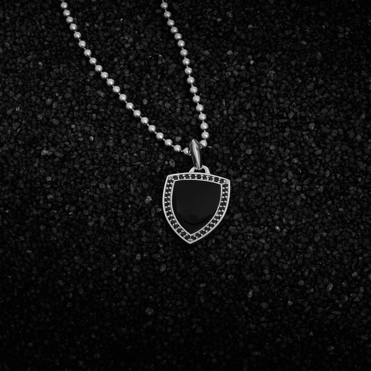 Atolyestone Black Enamel Shield Pendant in Solid 925 Silver