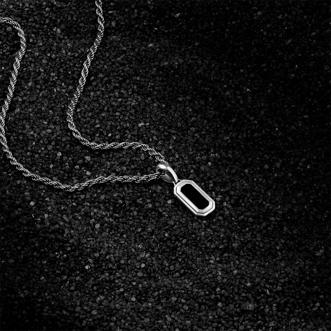 Men's Black Tag Pendant in Silver