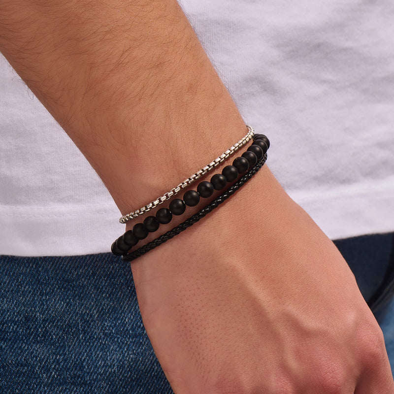 Box Chain Leather & Beaded Wrap Bracelet in Real Gold