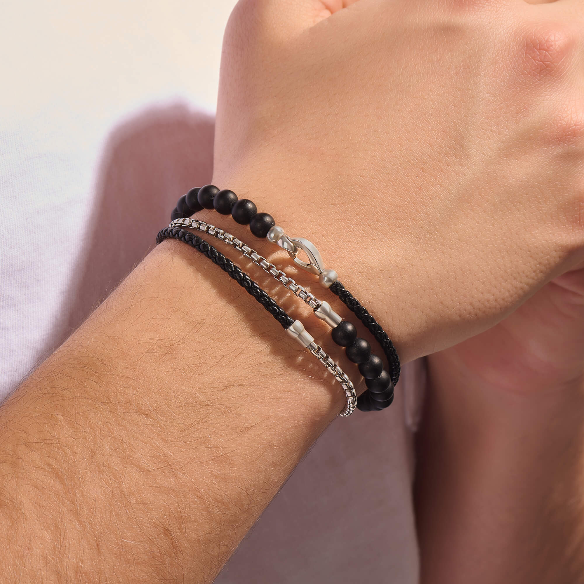 Box Chain Leather & Beaded Wrap Bracelet in Solid Gold