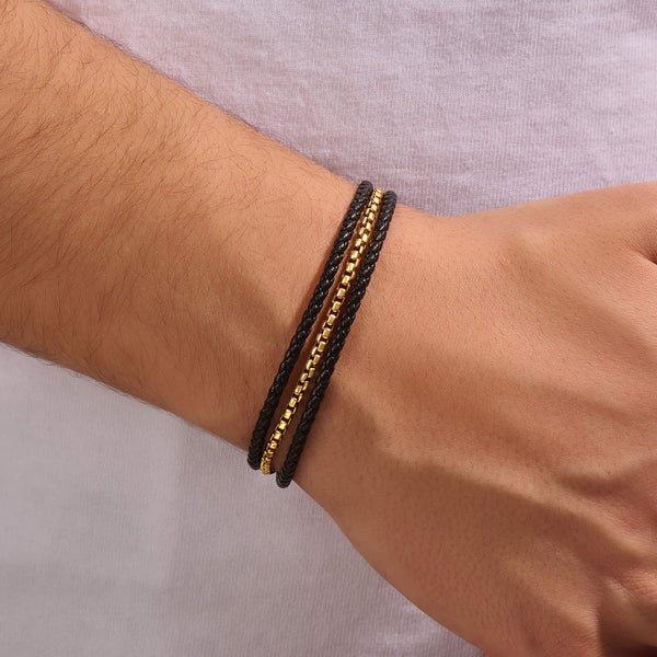 Box Chain & Leather Wrap Bracelet in Solid Gold