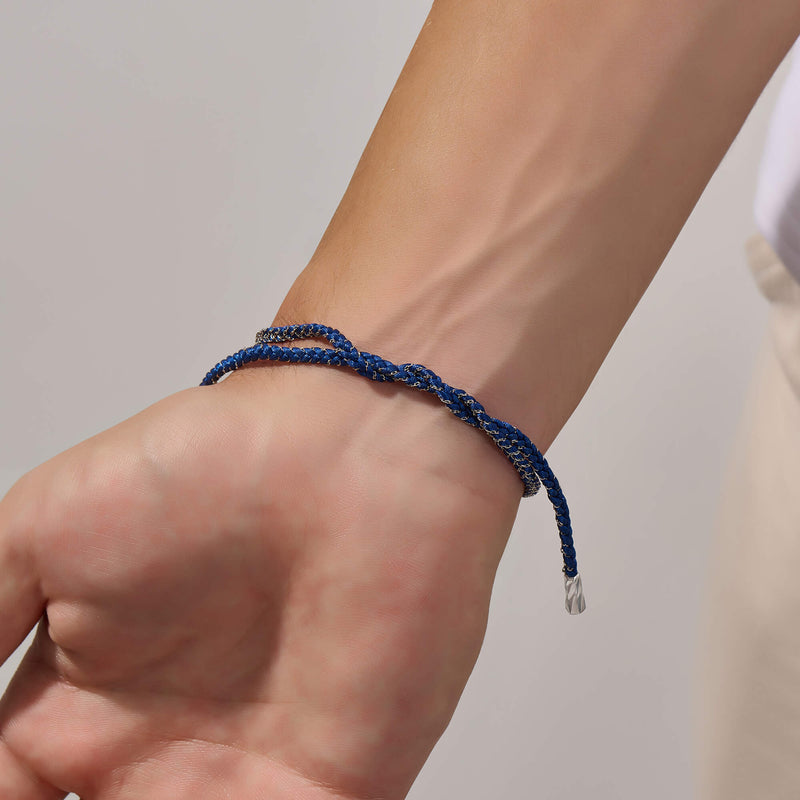 Men's Chain and Silk Bracelet in Blue Silk and 925 Sterling Silver