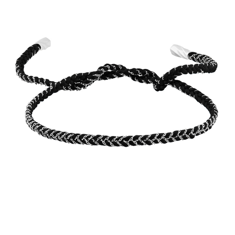 Men's 14k Solid White Gold Chain and Black Silk Braided Bracelet