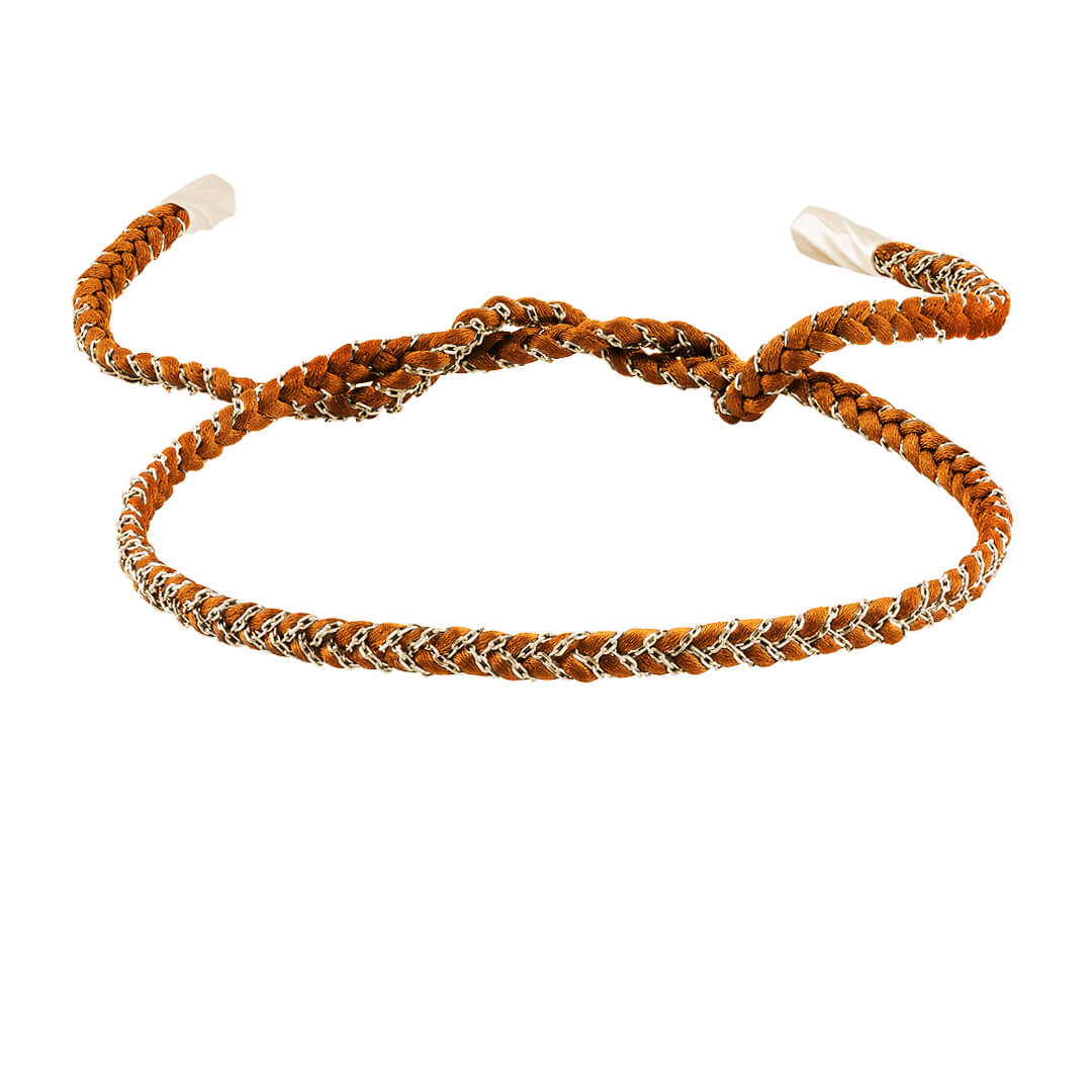 Men's 14k Solid Yellow Gold Chain and Orange Silk Braided Bracelet