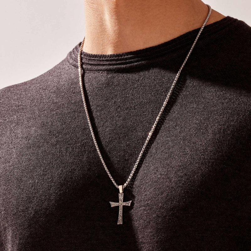 Solid 925 Sterling Silver Men's Cross Pendant Necklace – 20 Inch Curb Chain
