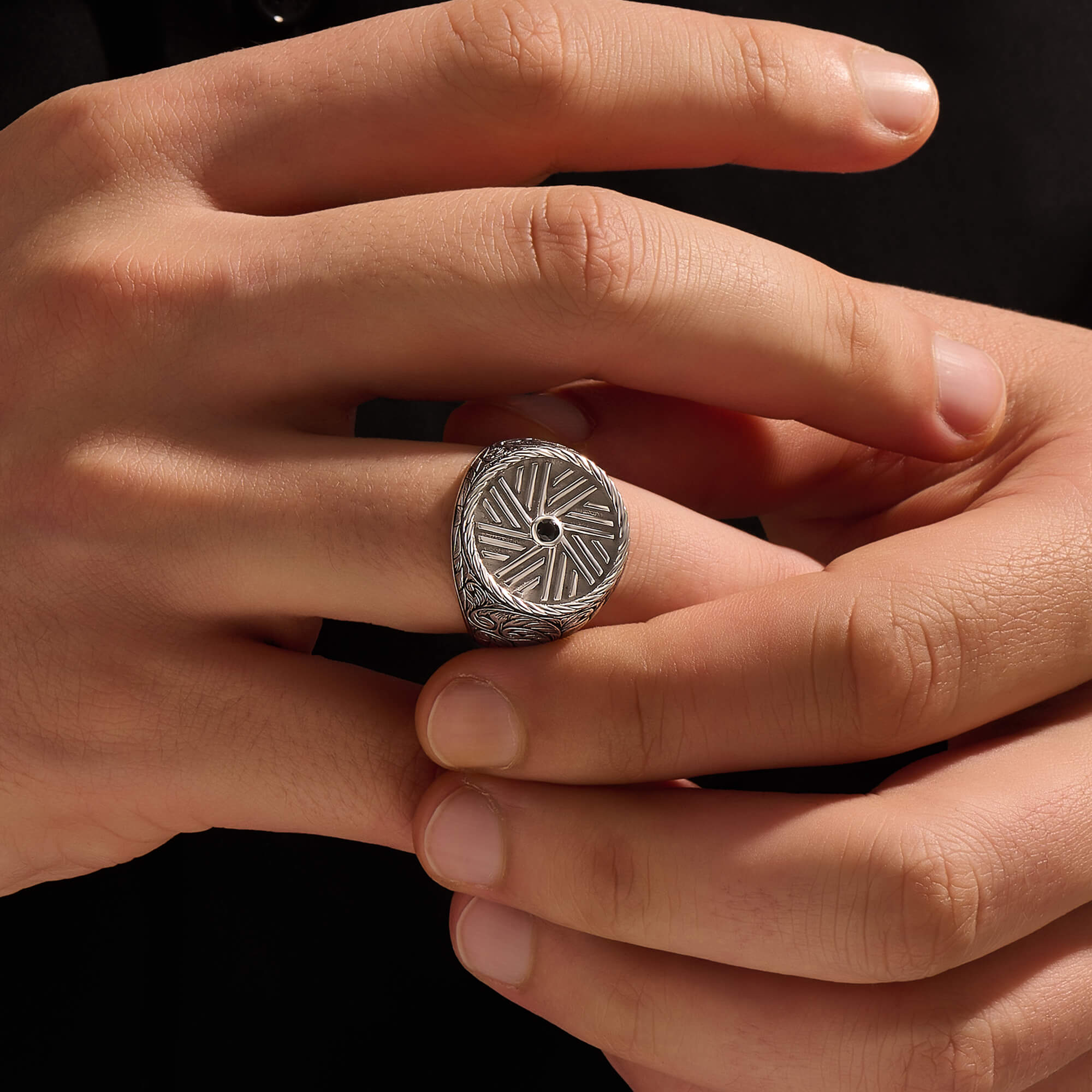 Classic Carved Millstone Signet Ring in Sterling Silver