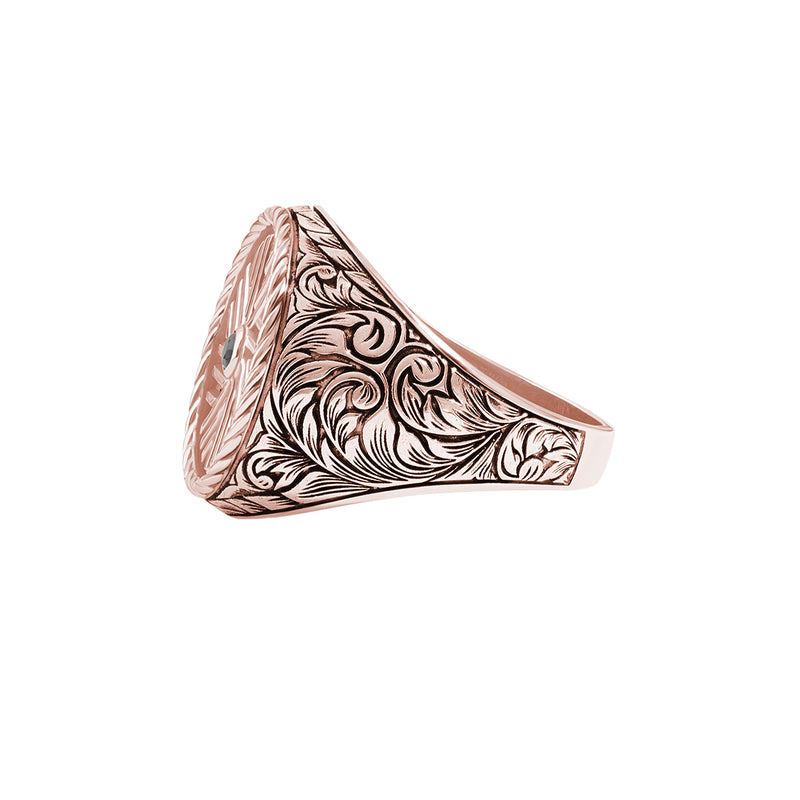 Men's Solid Rose Gold Carved Millstone Signet Ring with Black Diamond