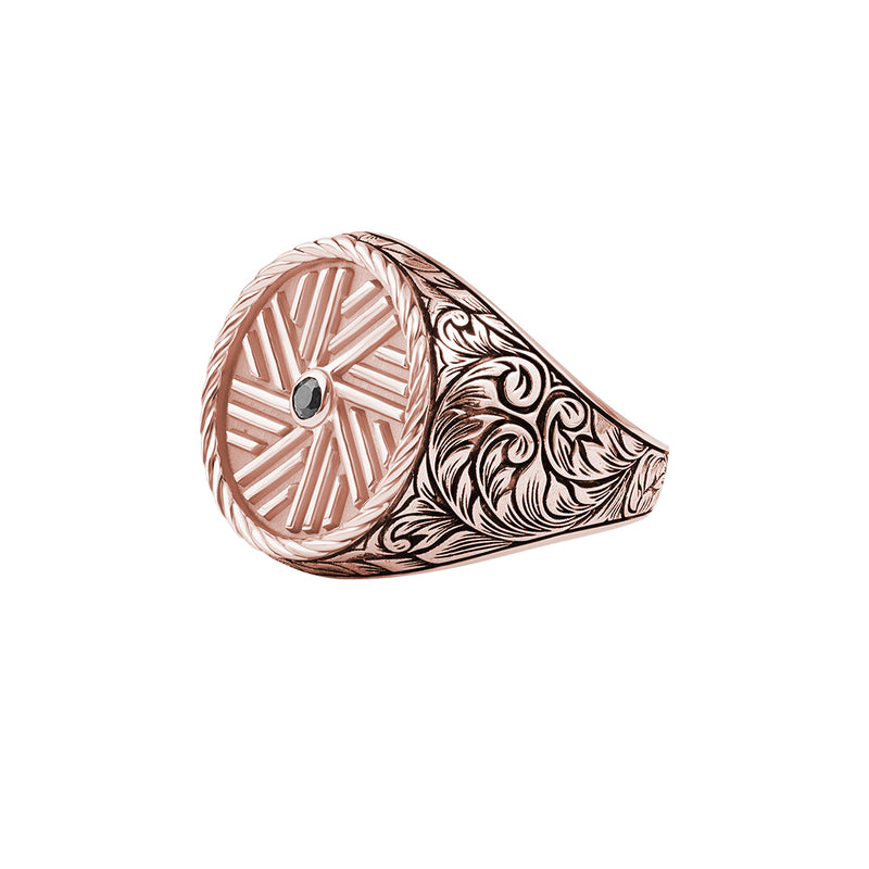 Men's Solid Rose Gold Black Diamond Millstone-Inspired Signet Ring