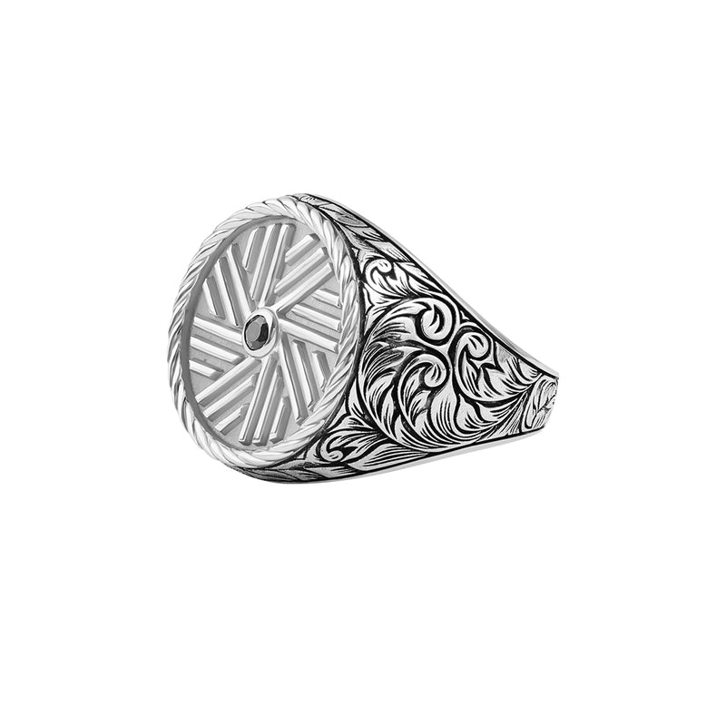 Men's Solid White Gold Black Diamond Millstone-Inspired Signet Ring