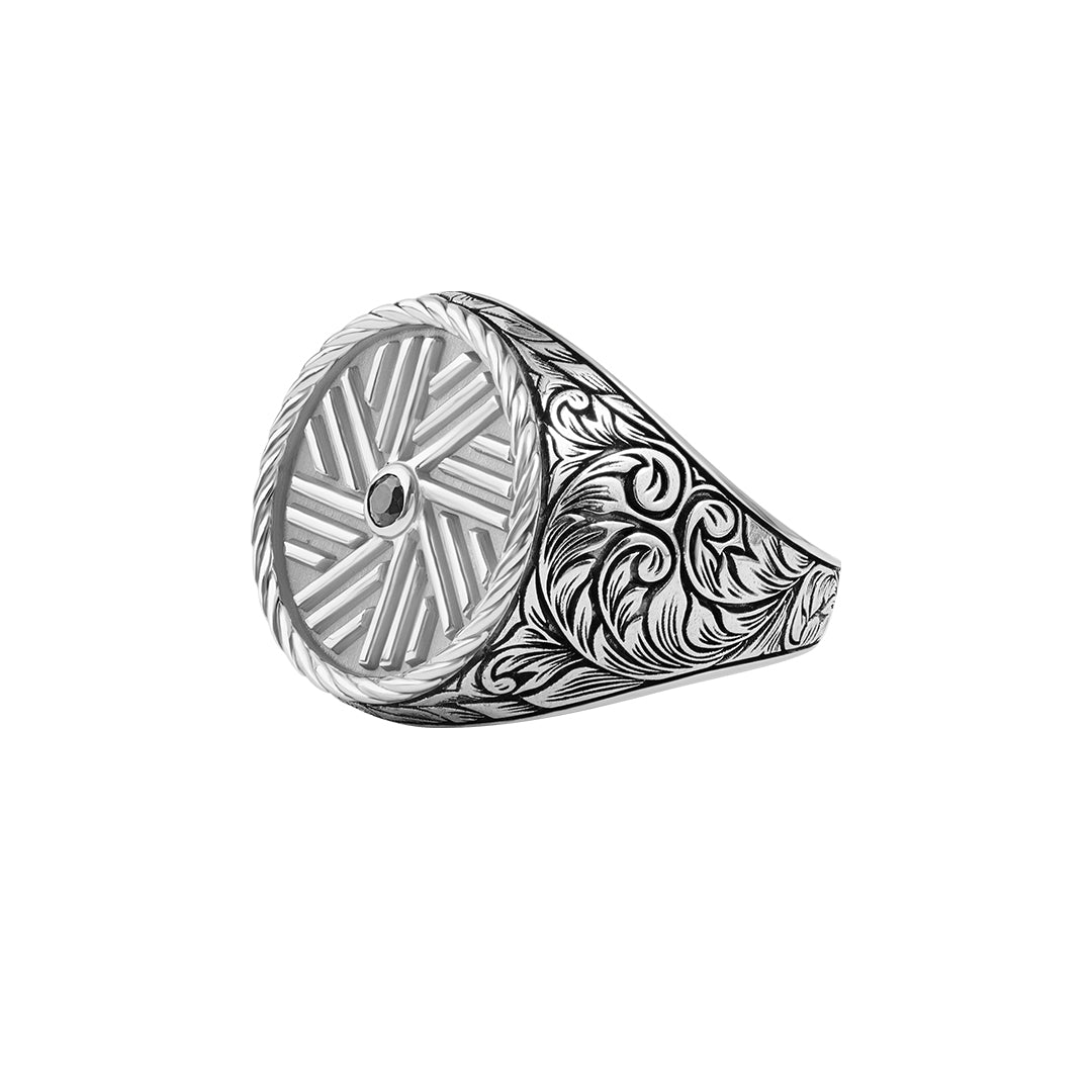 Men's 925 Sterling Silver Black Diamond Millstone-Inspired Signet Ring