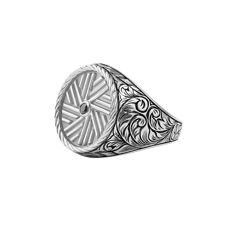 Men's 925 Sterling Silver Black Diamond Millstone-Inspired Signet Ring