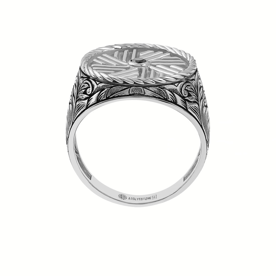 Classic Carved Black Diamond Millstone Signet Ring in 925 Solid Silver