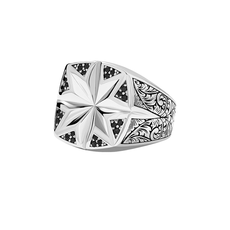 Atolyestone Solid White Gold Classic North Star Signet Ring for Men