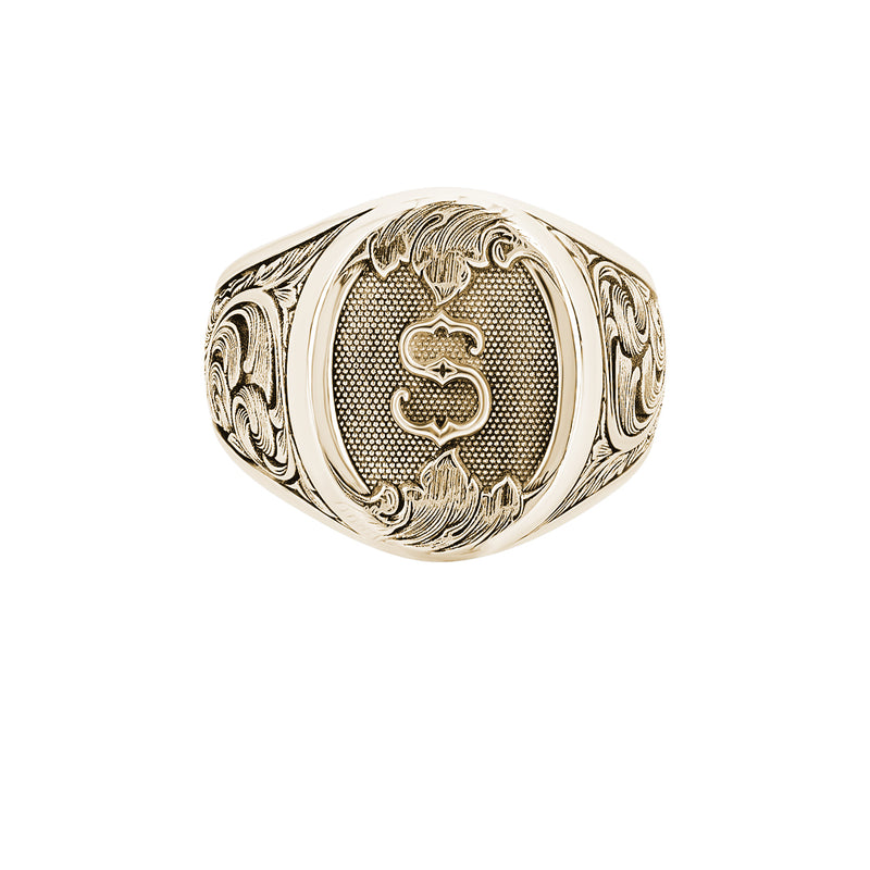 Men's Solid Gold Personalized Letter Signet Ring - Hand-Carved Design