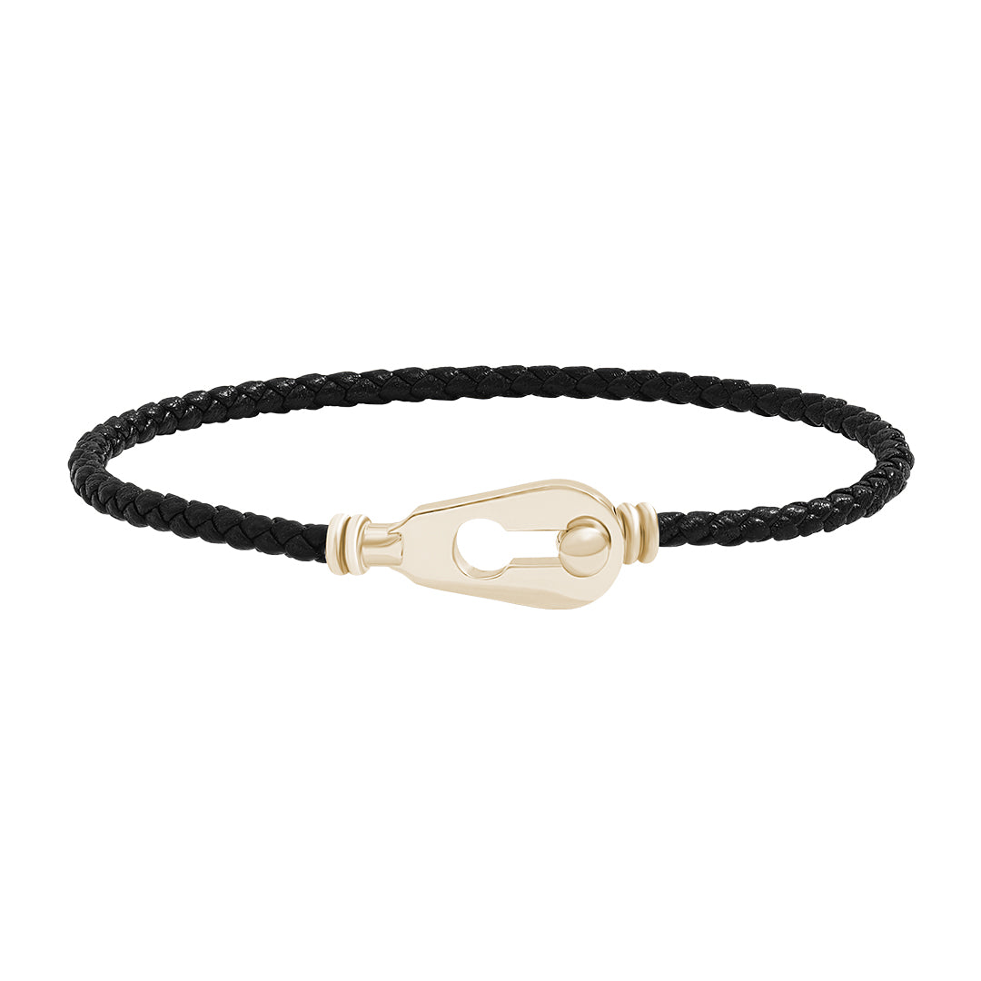 Men's Clique Leather Bracelet in 925 Solid Silver - Black Nappa Yellow Gold