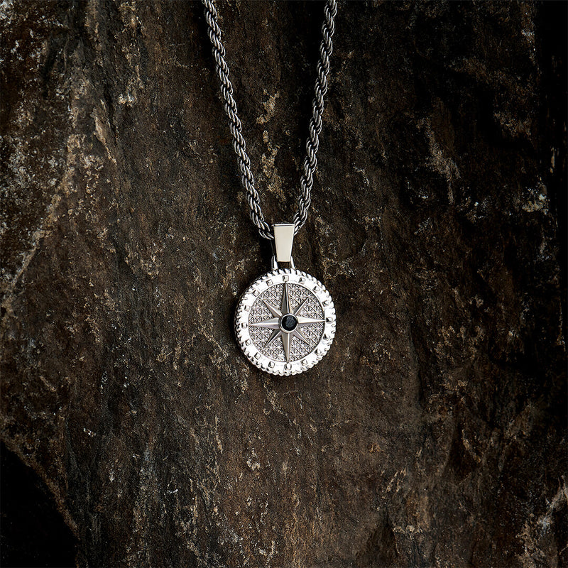 925 Solid Silver Men's Compass Necklace