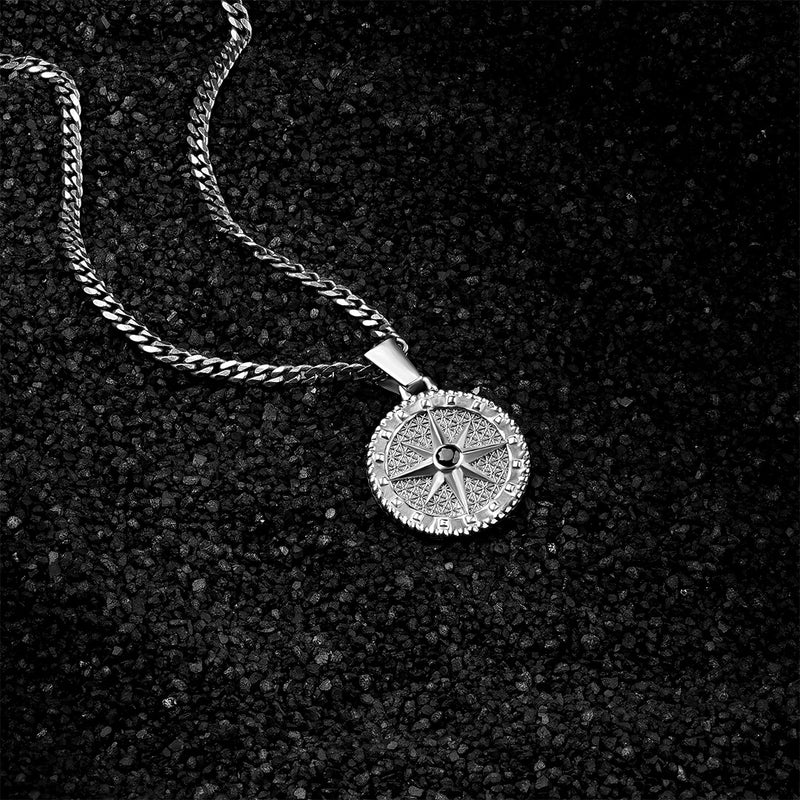 925 Sterling Silver Men's Compass Necklace