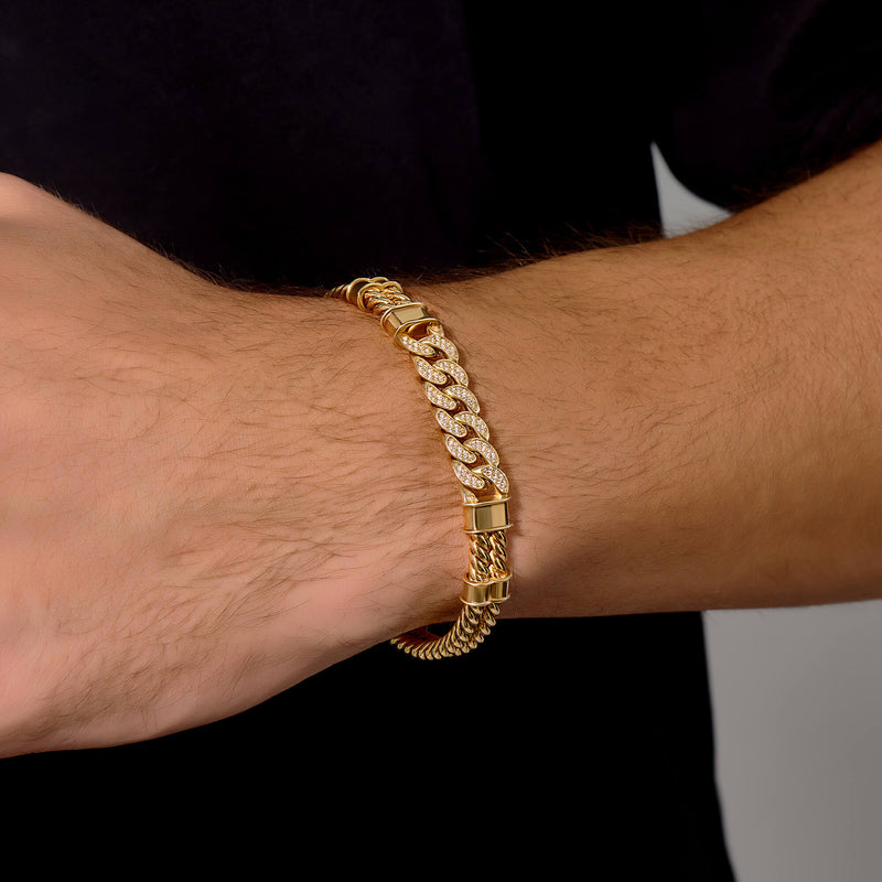 Men's Twined Bangle Bracelet with Cuban Chain in Solid Yellow Gold