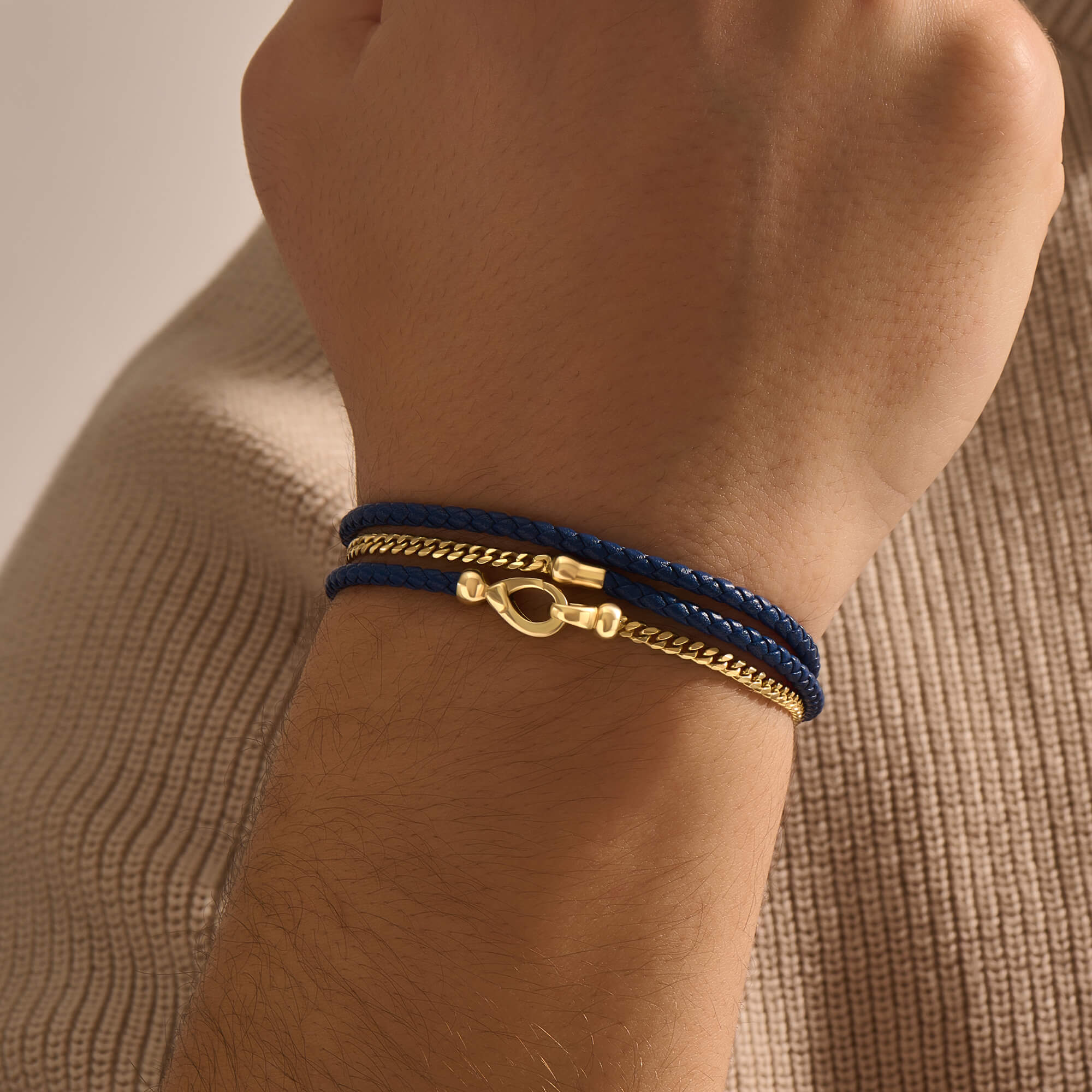 Cuban Chain & Leather Wrap Bracelet in Real 14K Gold