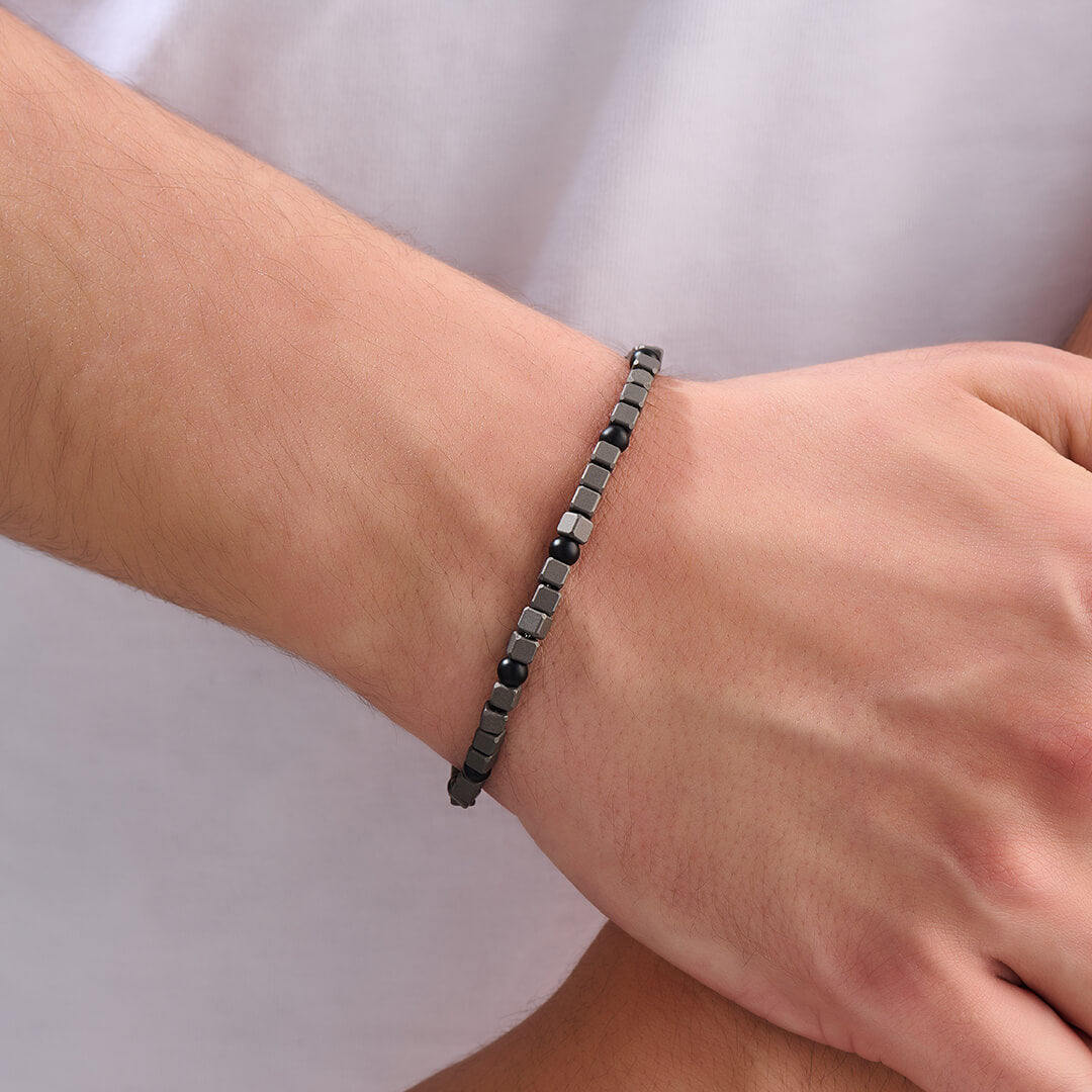 Men's Cube Titanium Chain Bracelet with Agate Beads