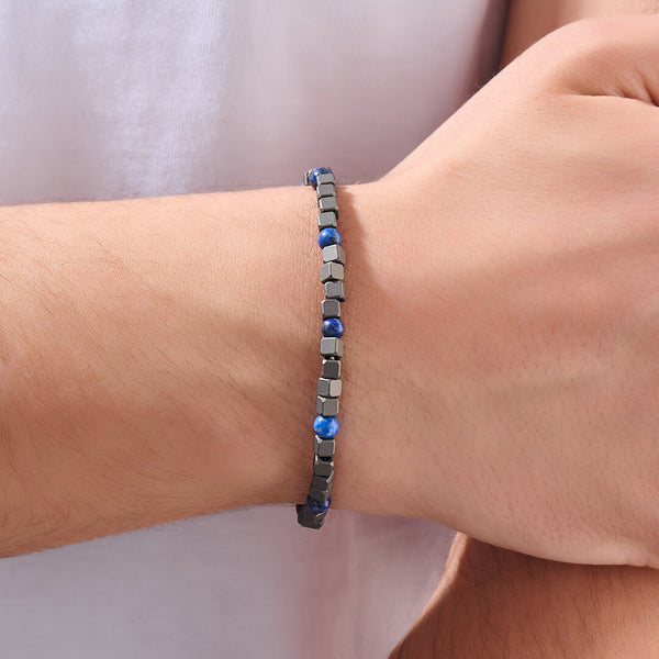 Men's Cube Titanium Lapis Lazuli Beads Chain Bracelet