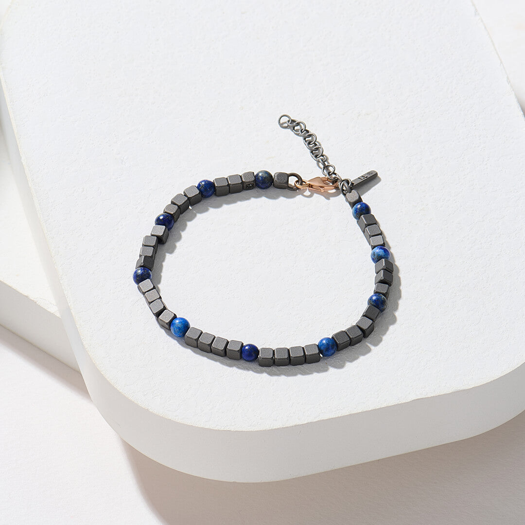 Atolyestone Cube Titanium Beaded Bracelet For Men - Lapis Lazuli
