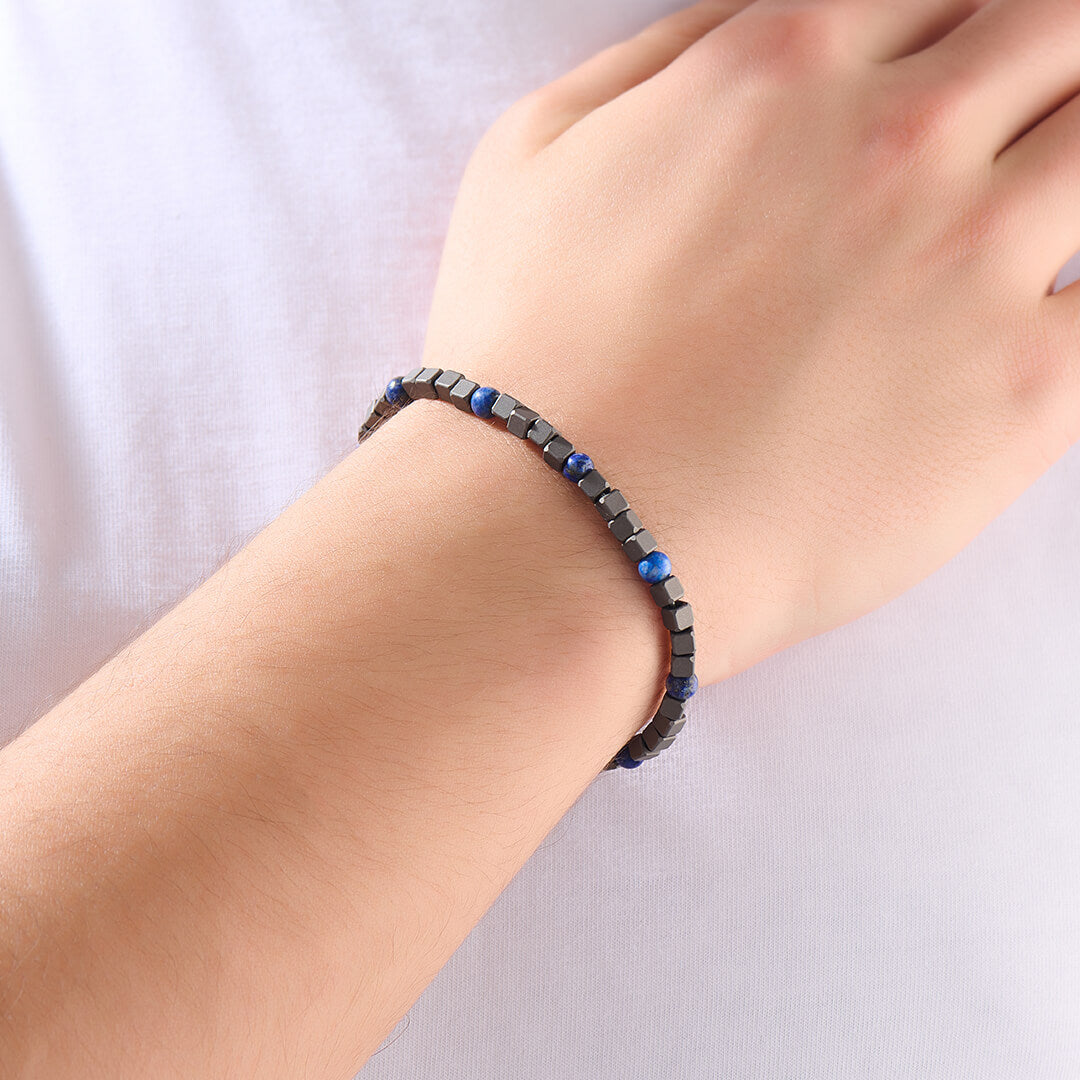 Cube Titanium Lapis Lazuli Beads Chain Bracelet For Men