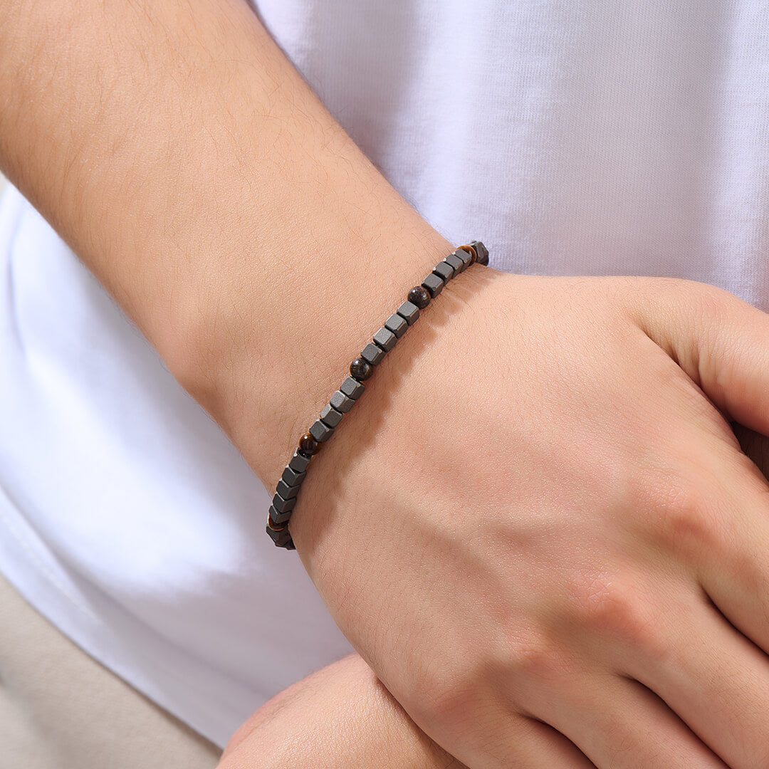 Men's Cube Titanium Tiger Eye Beads Chain Bracelet