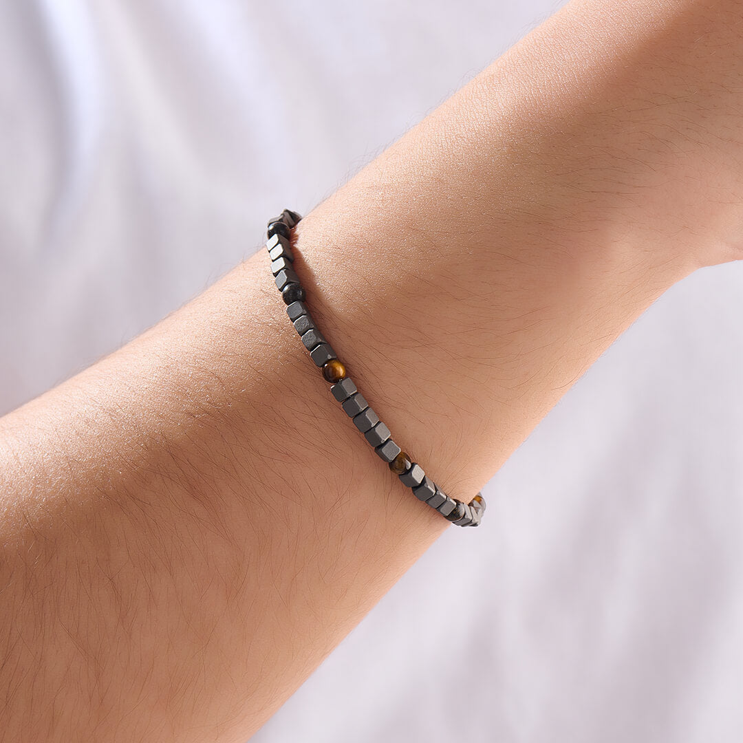 Cube Titanium Beaded Chain Bracelet - Tiger Eye