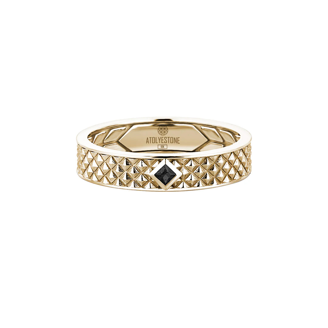 Men's Black Diamond Paved Solid Yellow Gold Band Ring with Pyramid Design