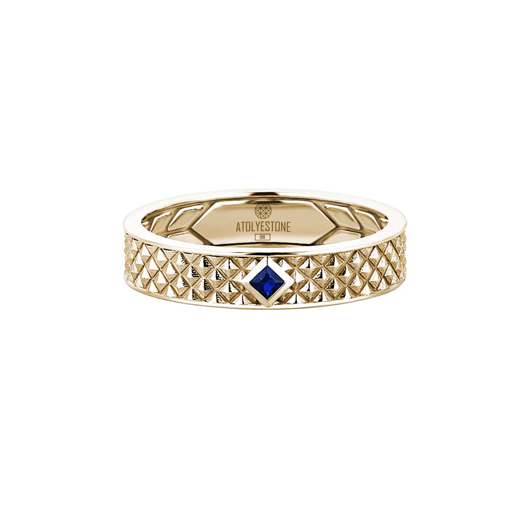 Men's Sapphire Paved 5mm Solid Yellow Gold Pyramid Band Ring