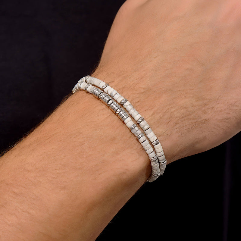 Double Heishi Beaded Bracelet in 925 Solid Silver - Howlite