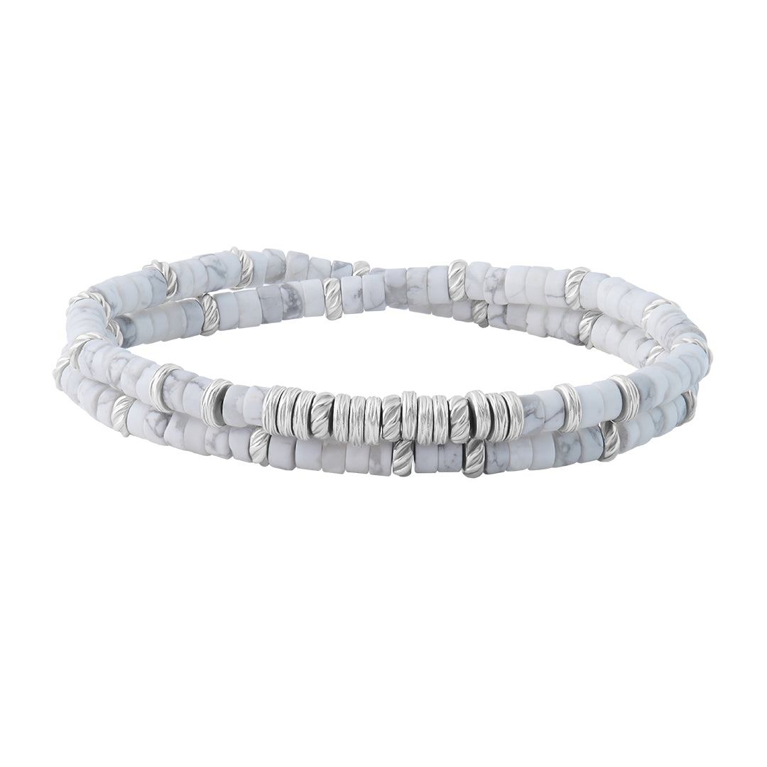 Men's Double Howlite Heishi Beads Bracelet - Silver