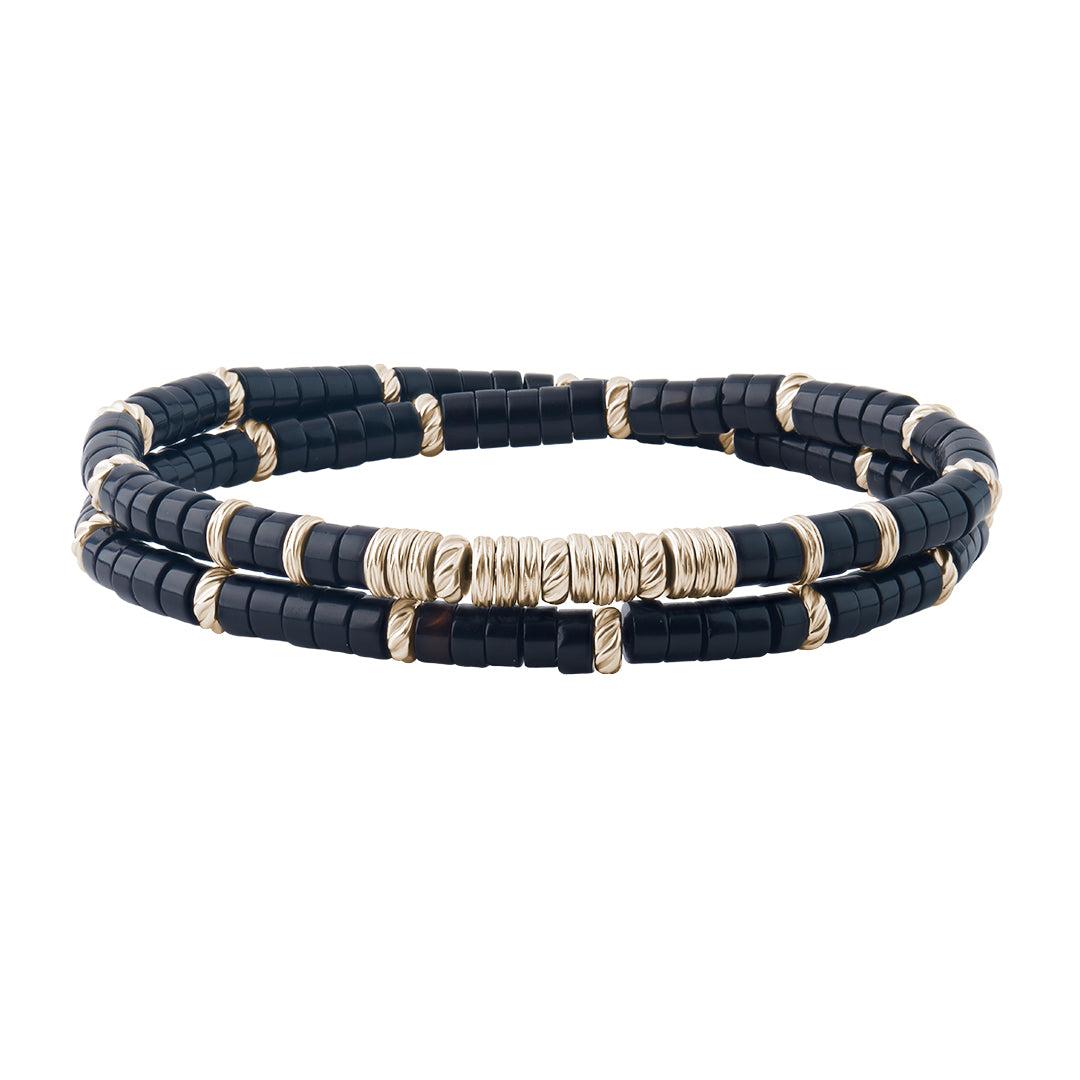 Men's Double Agate Heishi Beads Bracelet - Yellow Gold