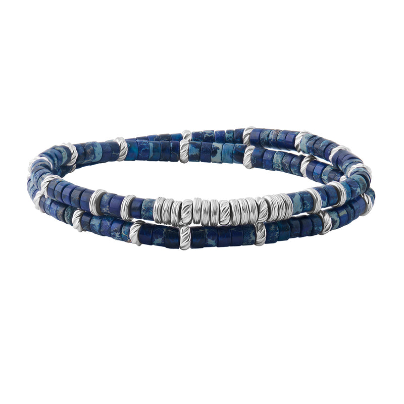 Men's Double Blue Jasper Heishi Beads Bracelet - Silver