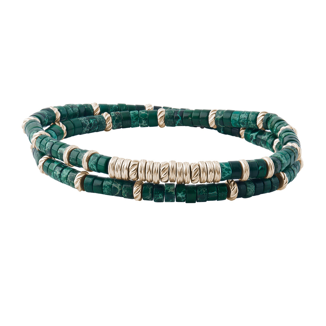 Men's Double Green Jasper Heishi Beads Bracelet - Yellow Gold