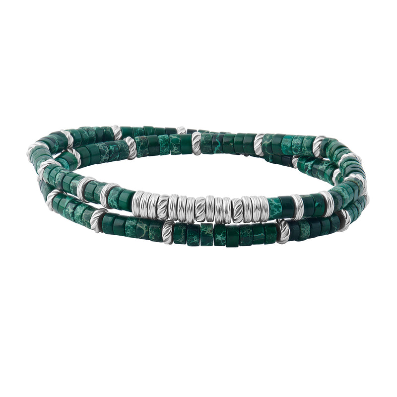 Men's Double Green Jasper Heishi Beads Bracelet - Silver