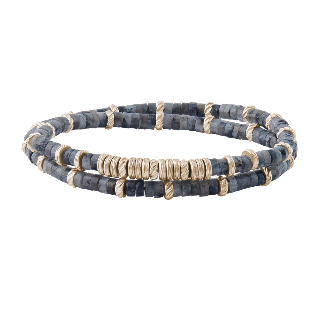 Men's Double Grey Jasper Heishi Beads Bracelet - Yellow Gold