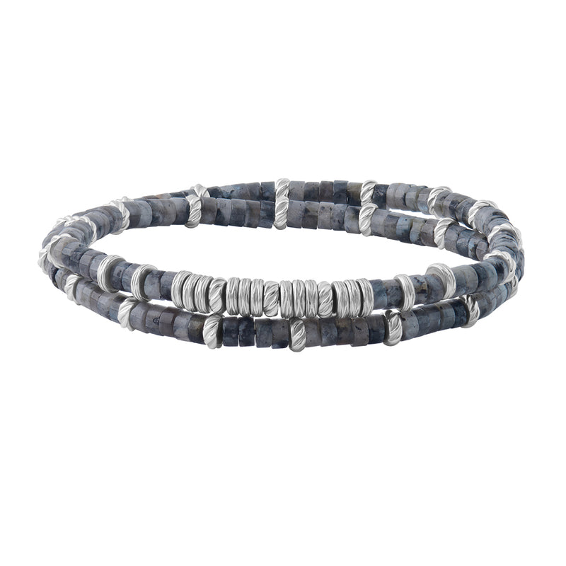 Men's Double Grey Jasper Heishi Beads Bracelet - Silver