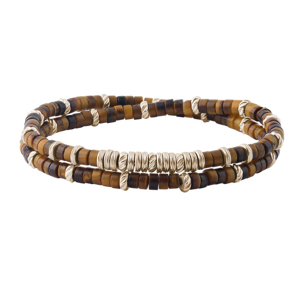 Men's Natural Tiger Eye Heishi Beaded Bracelet with Yellow Gold Stoppers