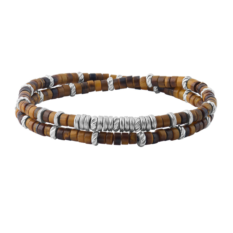 Men's Natural Tiger Eye Heishi Beaded Bracelet with Sterling Silver Stoppers