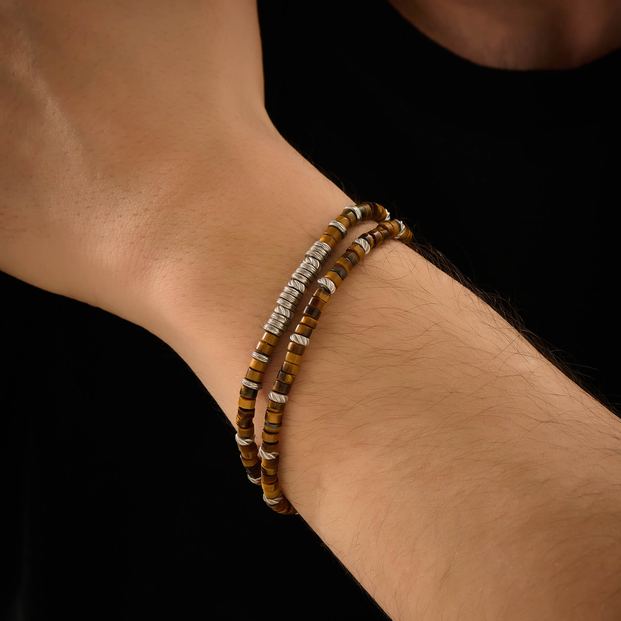 Men's Double Tiger Eye Heishi Beaded Bracelet with 925 Solid Silver Beads