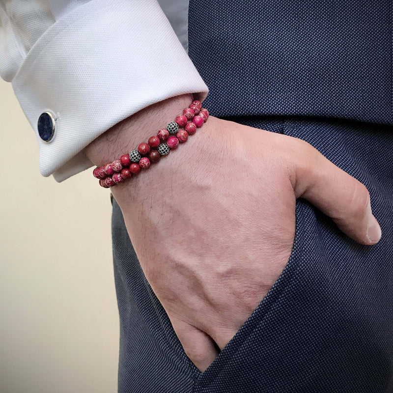 Men's Double Jasper Beaded Bracelets - Red Jasper - Silver