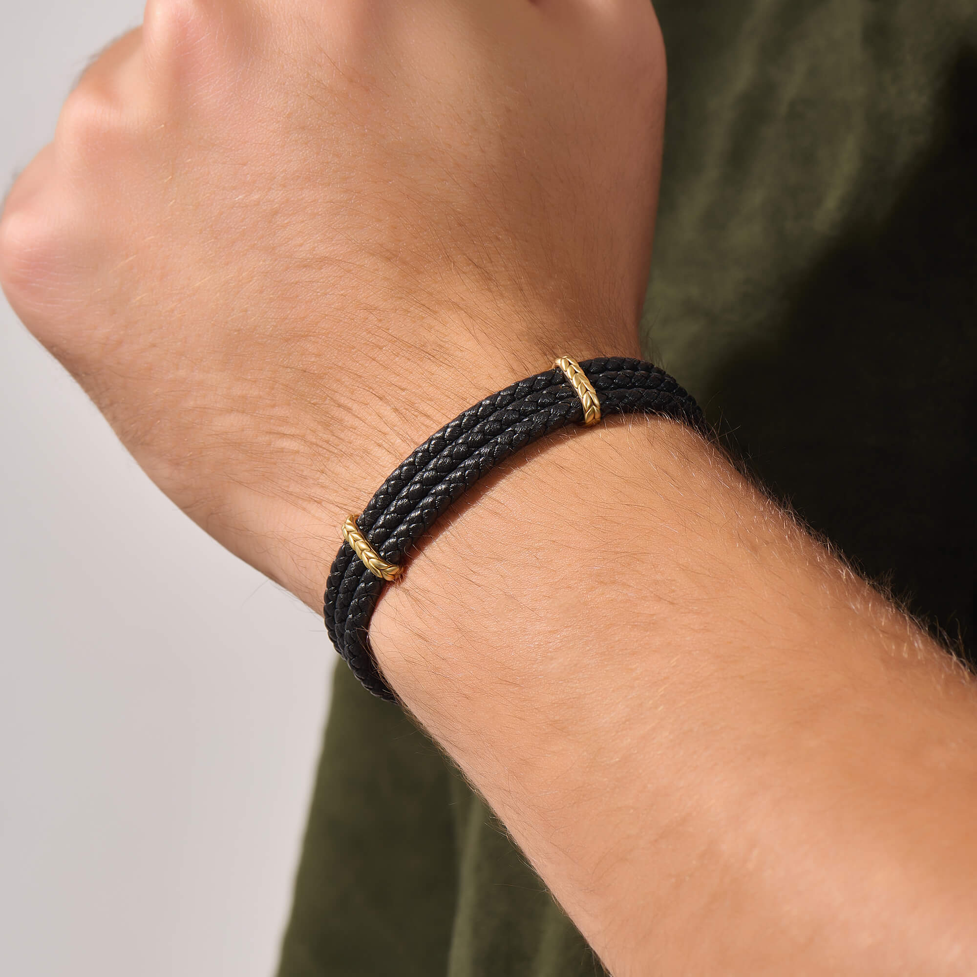 Elements Triple Leather Bracelet in 925 Solid Silver and Black Nappa 