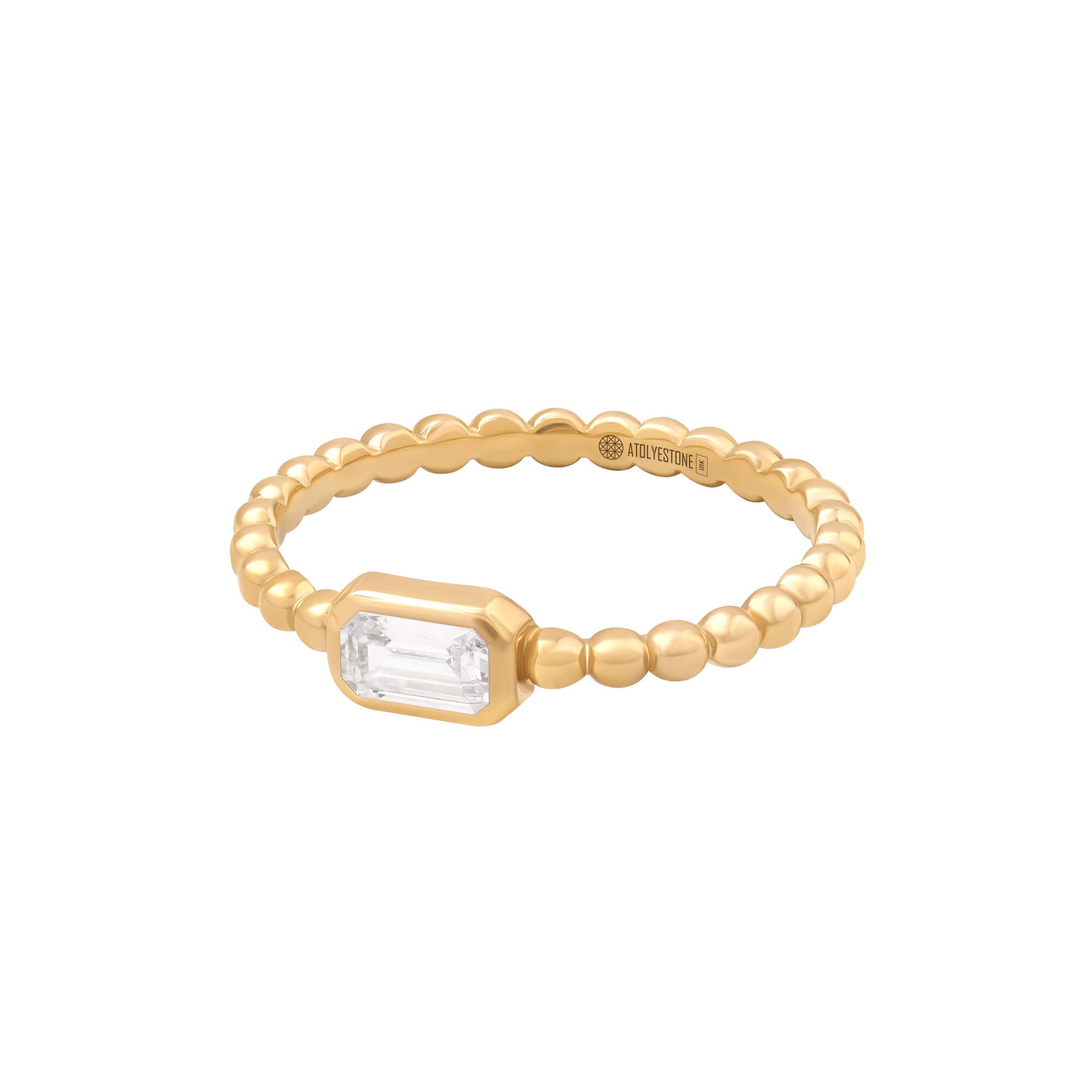 Emerald-Cut Diamond Beaded Ring in Solid Yellow Gold