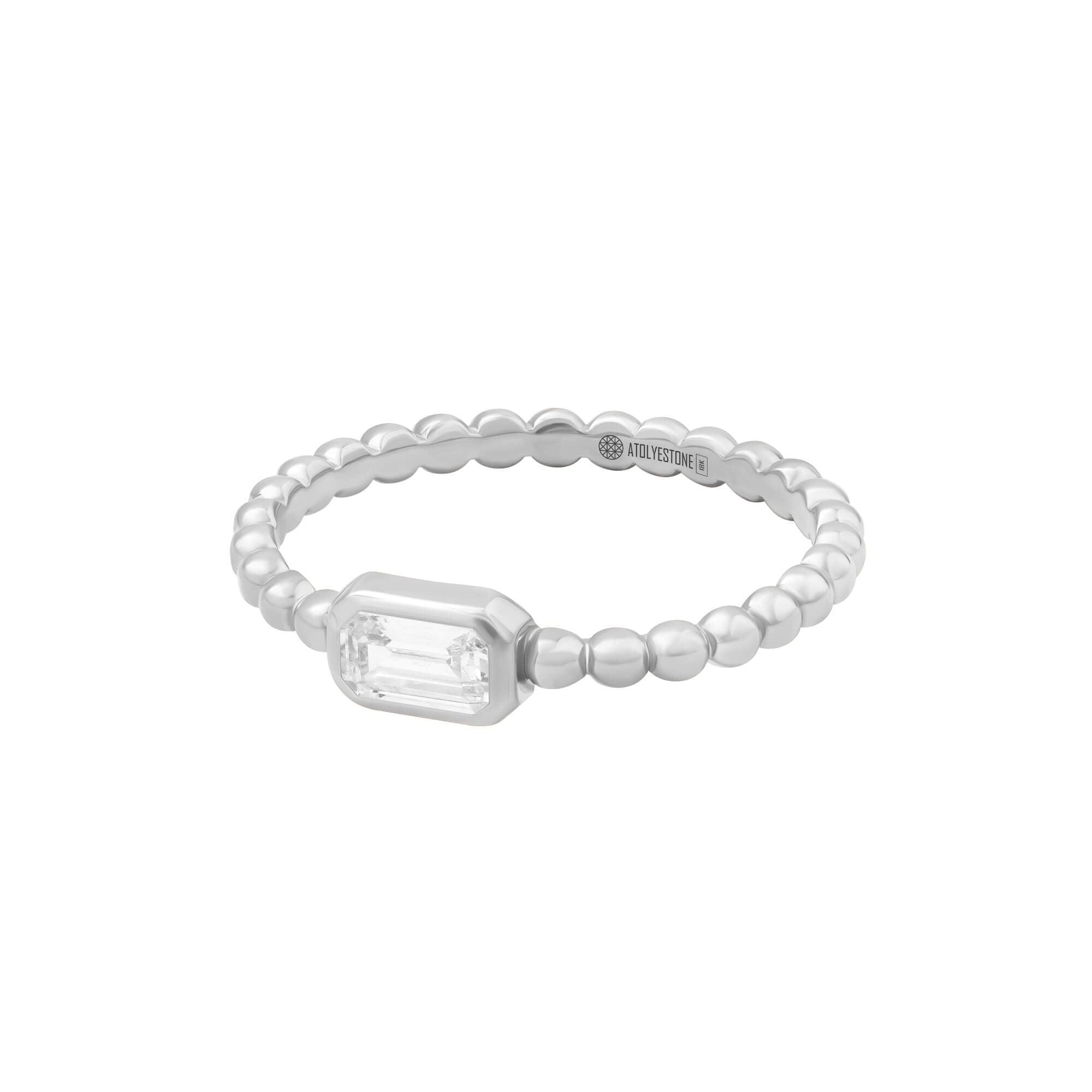 Emerald-Cut Diamond Beaded Ring in Solid White Gold